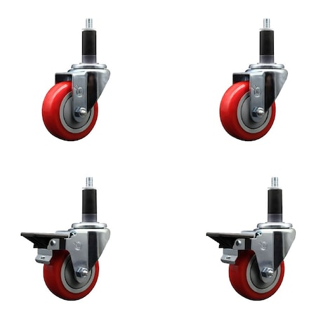 Service Caster 3.5'' Red Poly Wheel Swivel 1-1/8'' Expanding Stem Caster Set 2 Brakes, 4PK SCC-EX20S3514-PPUB-RED-2-PLB-2-118